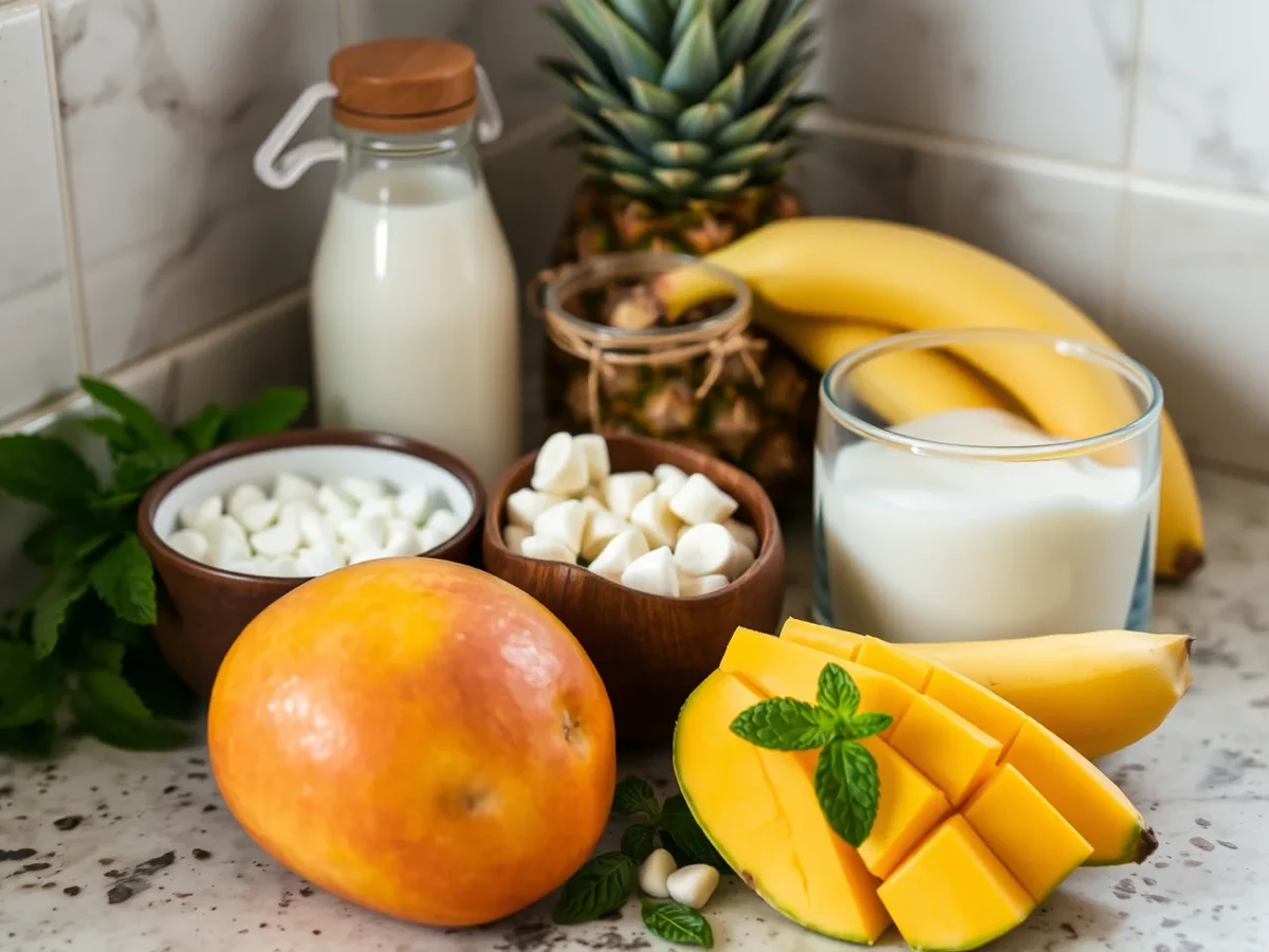 Fresh ingredients for Bahama Mama Tropical Smoothie including mango, pineapple, banana, coconut milk, and white chocolate chips.