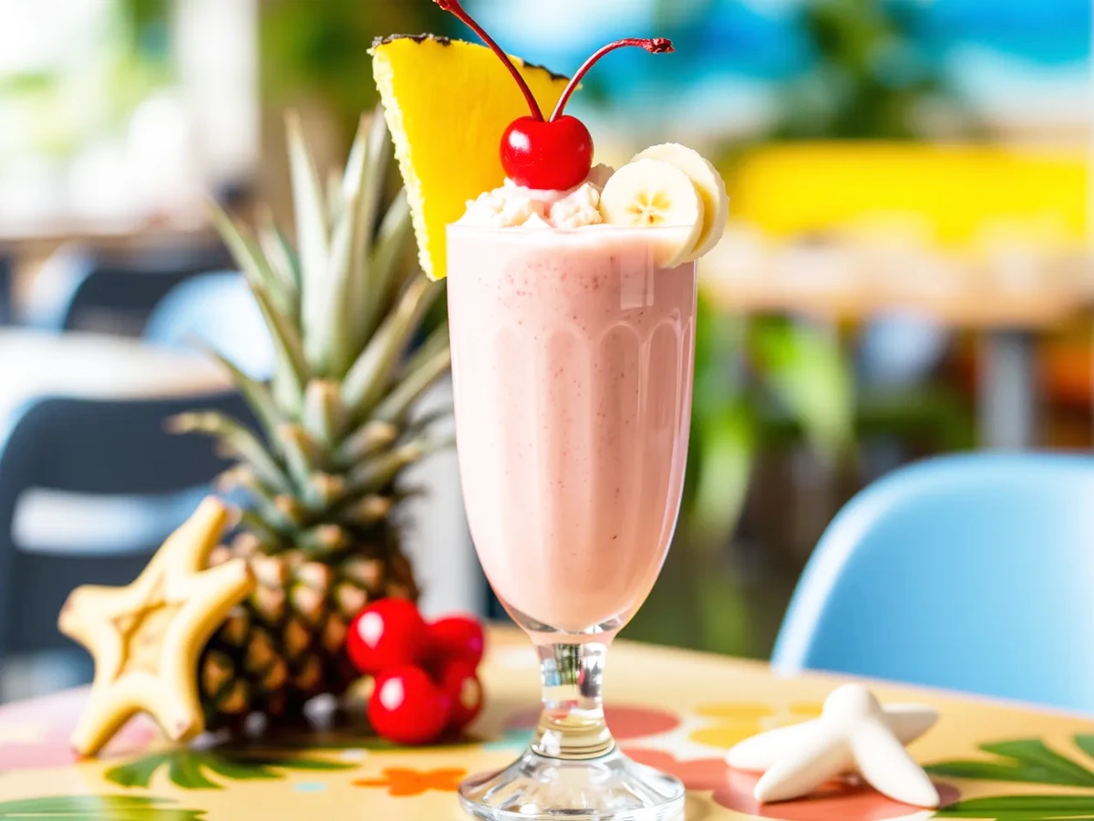 Bahama Mama Tropical Smoothie served in a tall glass with tropical fruit garnish on a vibrant table.