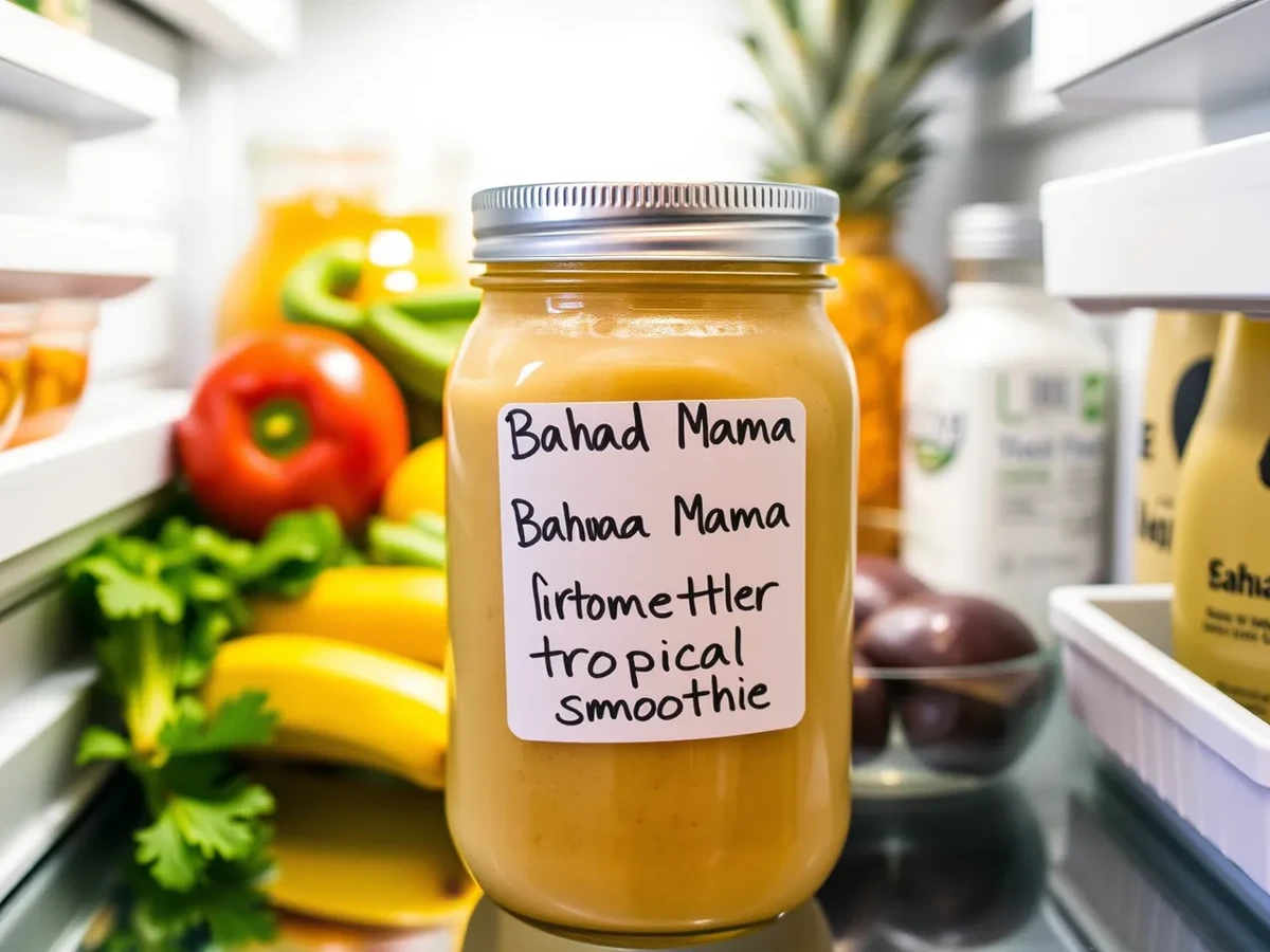 Storing Bahama Mama Tropical Smoothie in a refrigerator in a container with storage instructions.