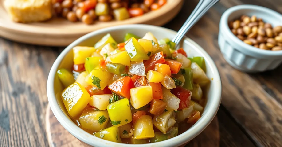 Bowl of Chow Chow relish made from green tomatoes, cabbage, and peppers, served with sides like beans and cornbread.