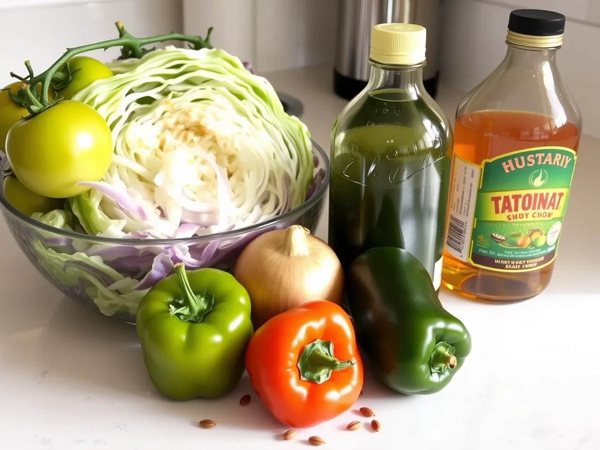 Fresh ingredients for Chow Chow relish: green tomatoes, cabbage, onions, bell peppers, and mustard seeds, neatly arranged on a kitchen counter.