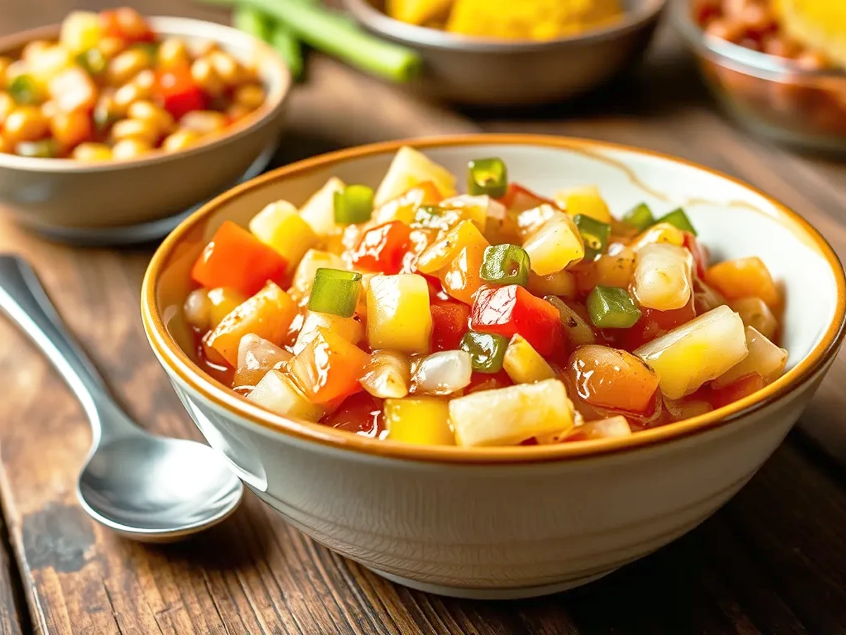 Beautifully presented bowl of Chow Chow relish with fresh herbs, served on a dining table.