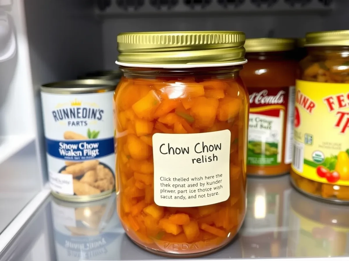 Glass jar of Chow Chow relish stored in a fridge, with a label for storage and reheating instructions.