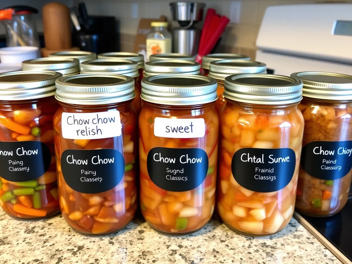 Different variations of Chow Chow relish, labeled as spicy, sweet, and classic, displayed on a kitchen countertop.