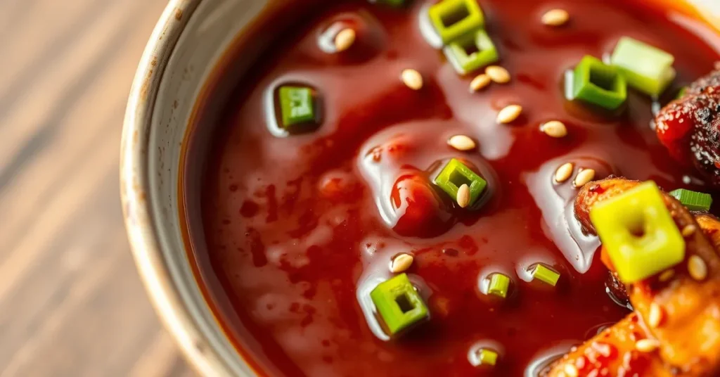 A close-up view of homemade Korean BBQ Sauce in a bowl, served with grilled meat and garnished with sesame seeds and green onions.