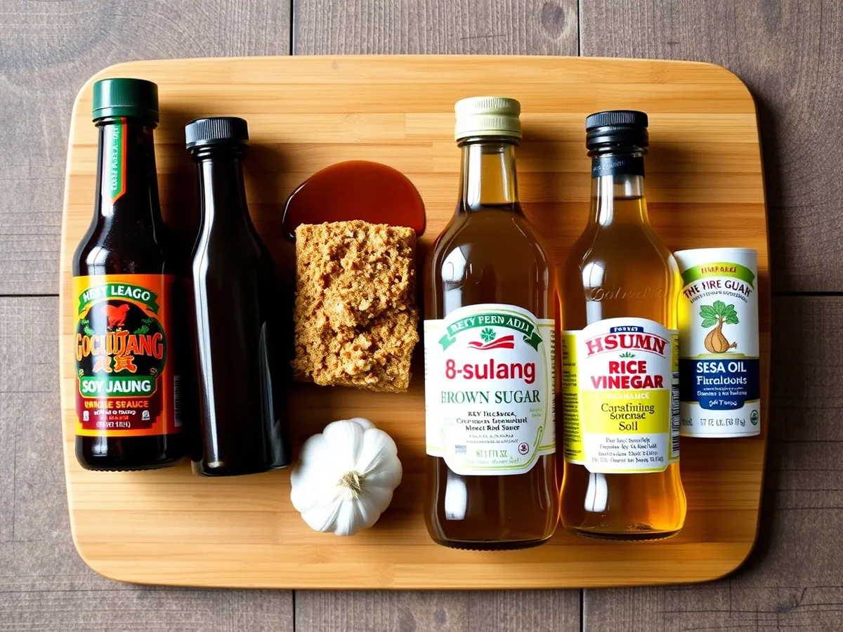 All the ingredients for homemade Korean BBQ Sauce including Gochujang, soy sauce, brown sugar, garlic, sesame oil, and rice vinegar, arranged on a wooden board.