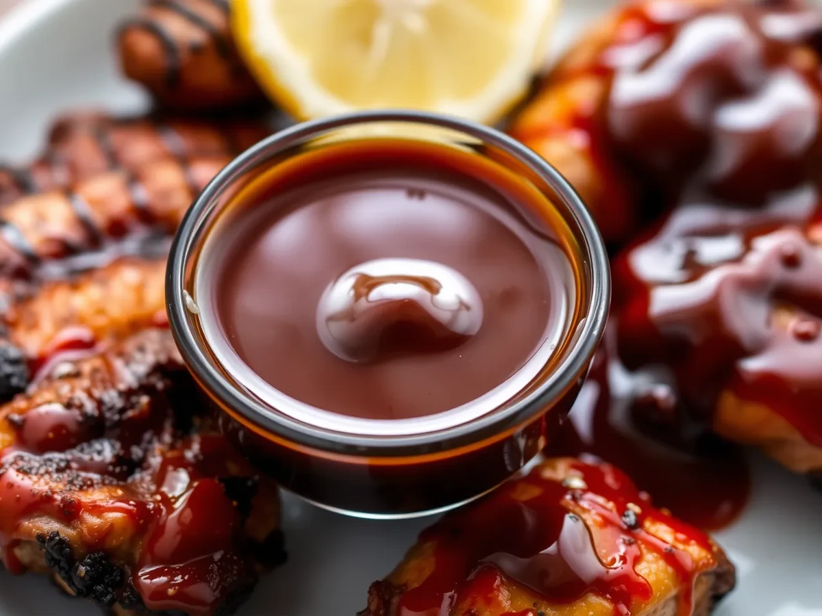 A bowl of homemade Korean BBQ Sauce drizzled over grilled meat, beautifully presented on a white plate with garnishes