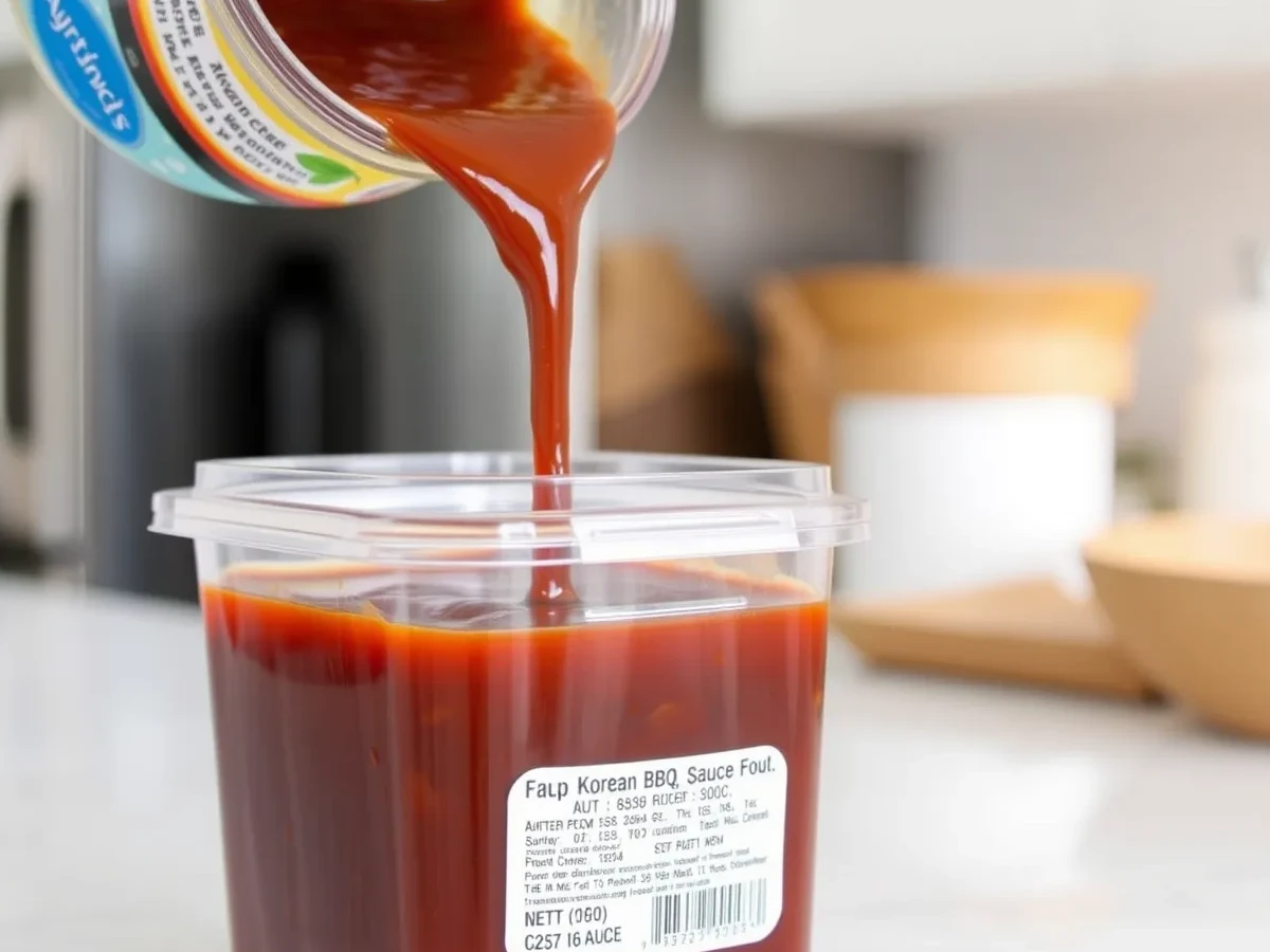 Korean BBQ Sauce being poured into an airtight container for storage, with clear kitchen background and a lid being placed