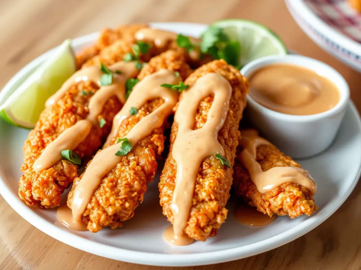 Crispy chicken tenders drizzled with creamy Bang Bang Sauce, garnished with fresh herbs and a slice of lime, served with extra dipping sauce on the side.