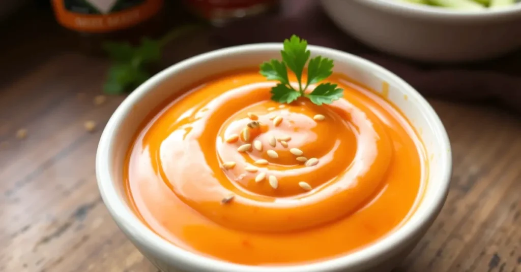 A small bowl of creamy Bang Bang Sauce, garnished with sesame seeds and cilantro, sitting on a rustic kitchen counter.