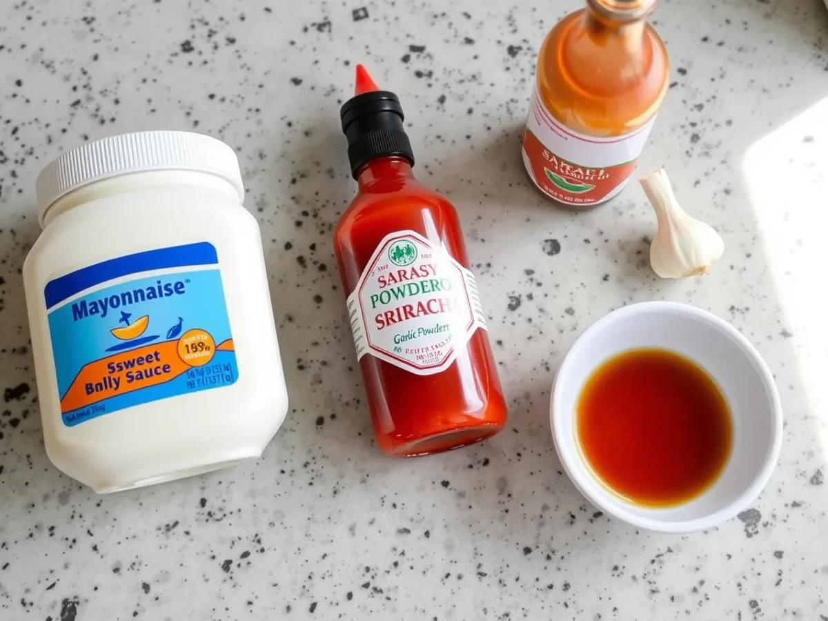 The ingredients for Bang Bang Sauce, including mayonnaise, sweet chili sauce, sriracha, garlic powder, and sesame oil, neatly arranged on a kitchen counter.