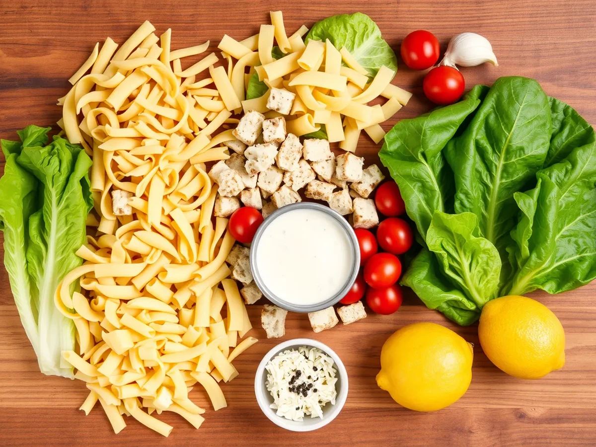 Ingredients for Caesar pasta salad laid out: dry pasta, lettuce, tomatoes, Parmesan, croutons, and Caesar dressing with spices.