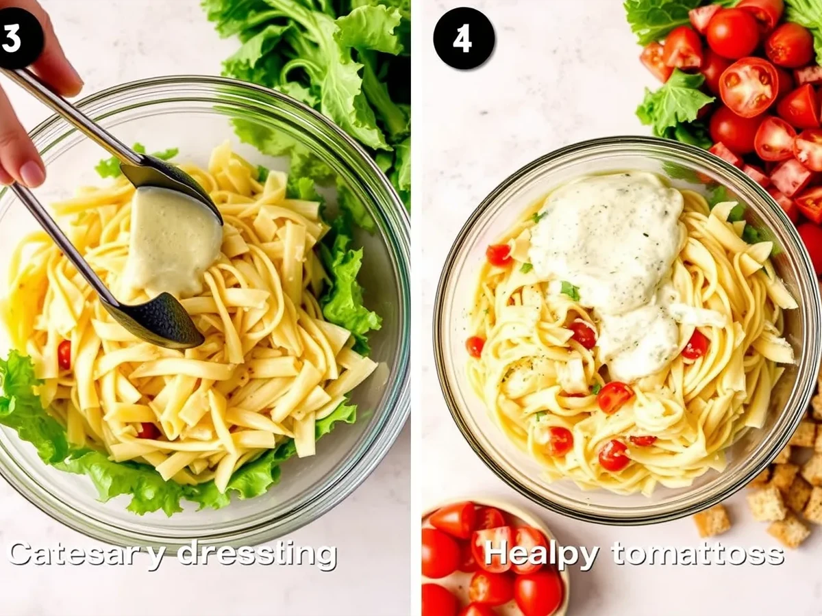 Caesar pasta salad preparation showing pasta being mixed with dressing in a glass bowl, with lettuce, tomatoes, and croutons nearby.