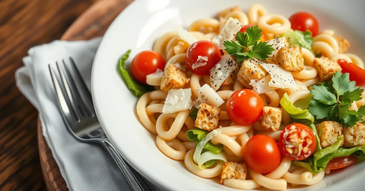 A close-up of Caesar pasta salad in a white bowl, showcasing pasta, lettuce, tomatoes, croutons, and Parmesan cheese with creamy dressing.