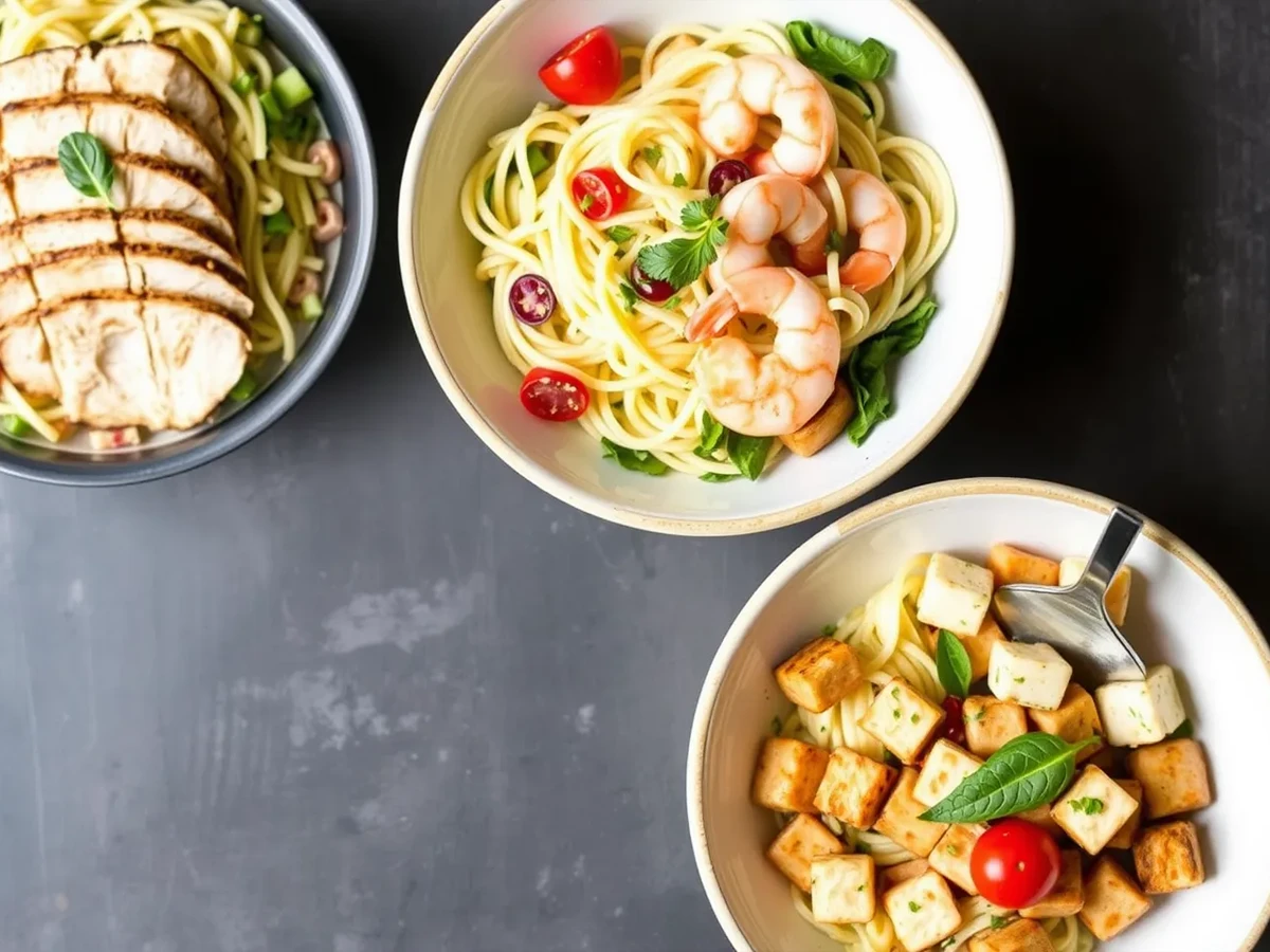 Three Caesar pasta salad variations: with grilled chicken, shrimp, and tofu, showcasing diverse protein options and vibrant garnishes.