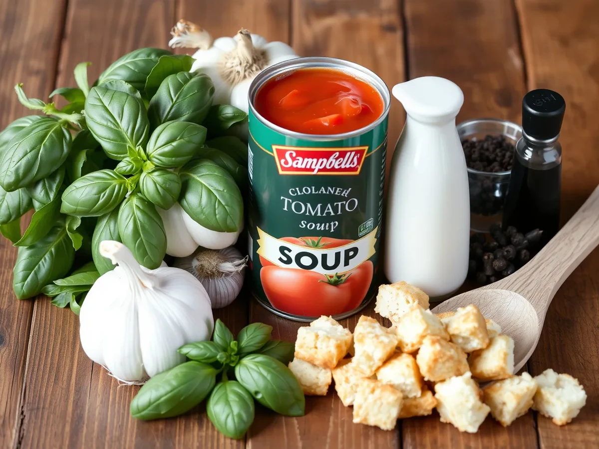 Ingredients for canned tomato soup, including canned soup, basil, garlic, onions, cream, and croutons, arranged on a rustic wooden surface.