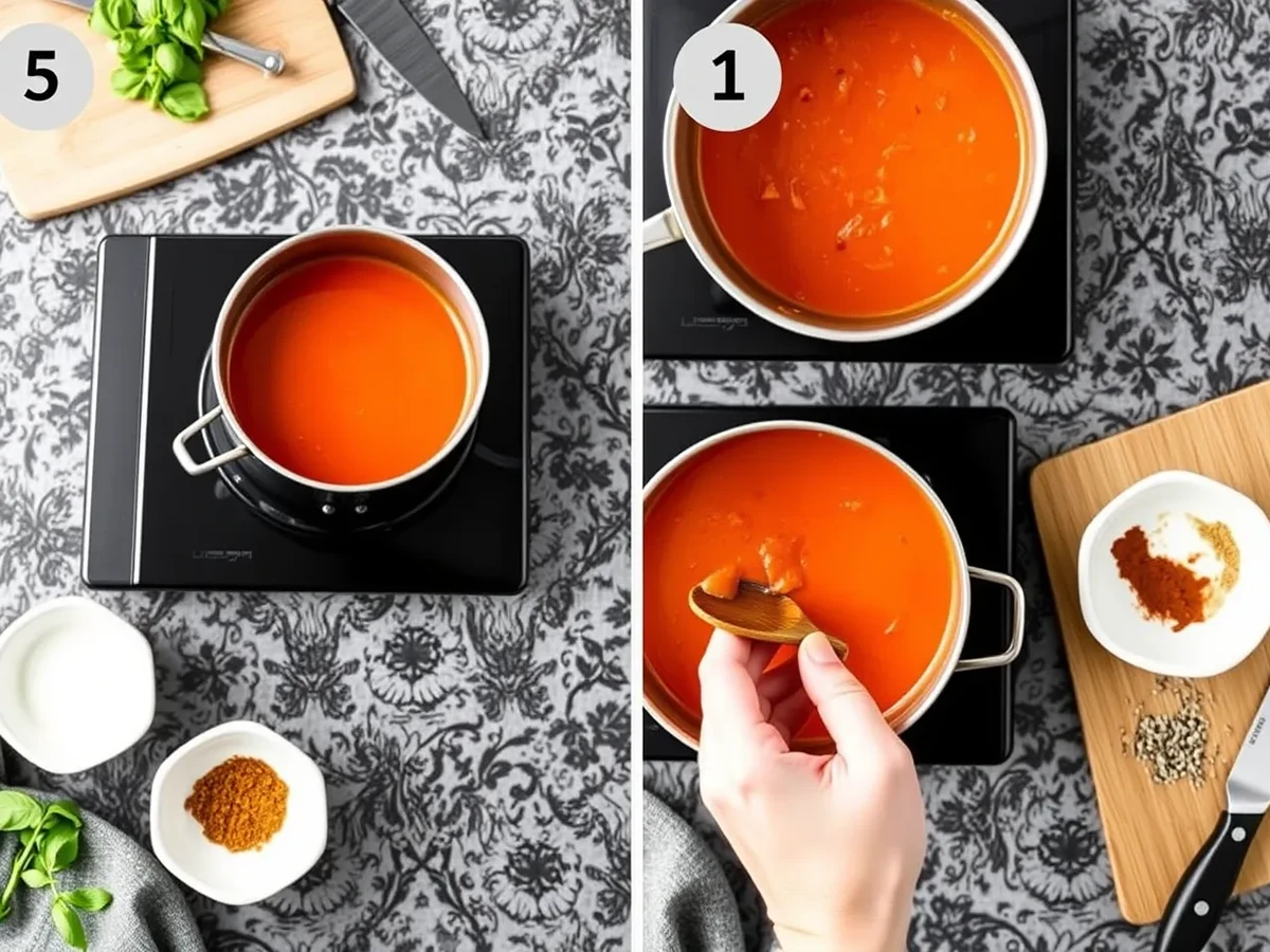 Preparation of canned tomato soup on a stovetop, with soup simmering and a hand stirring using a wooden spoon, surrounded by spices and fresh basil.