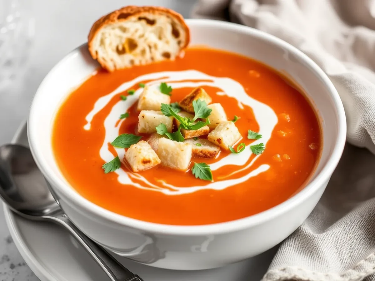 A bowl of canned tomato soup garnished with cream, croutons, and fresh herbs, served with crusty bread in a cozy dining setting.