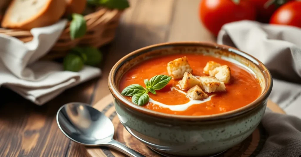 A bowl of canned tomato soup garnished with basil, cream, and croutons on a rustic wooden table.