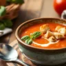 A bowl of canned tomato soup garnished with basil, cream, and croutons on a rustic wooden table.