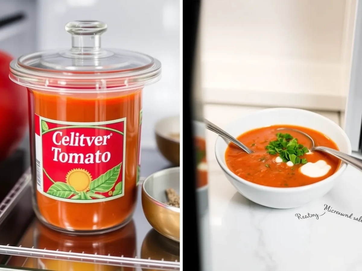 Stored canned tomato soup in a glass container and reheated soup in a bowl with garnishes, depicting storage and reheating instructions.