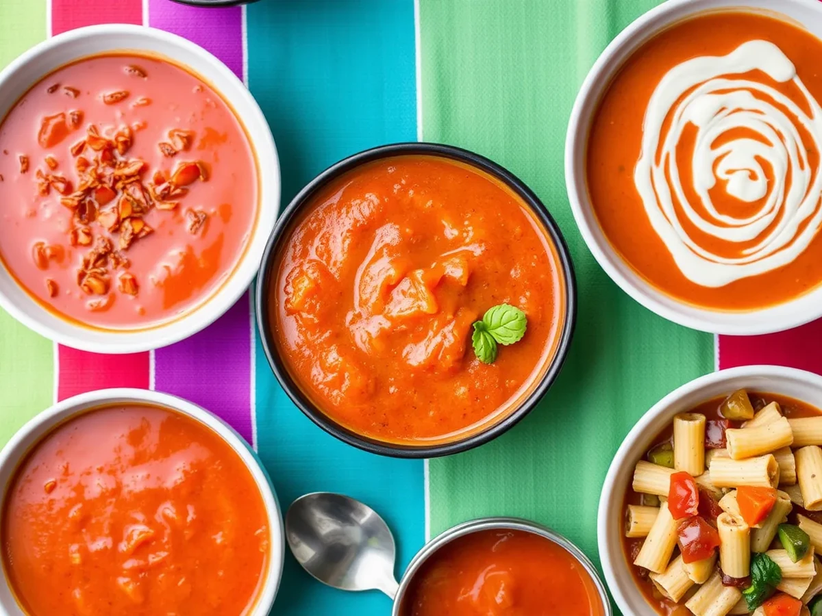 Various customized canned tomato soups, including spicy, creamy, and loaded versions, presented in bowls with unique garnishes.