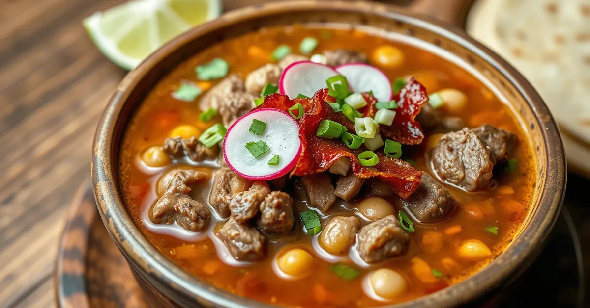 A bowl of Carne en su Jugo, garnished with cilantro, radishes, and green onions, served in a rustic bowl with tortillas on the side.