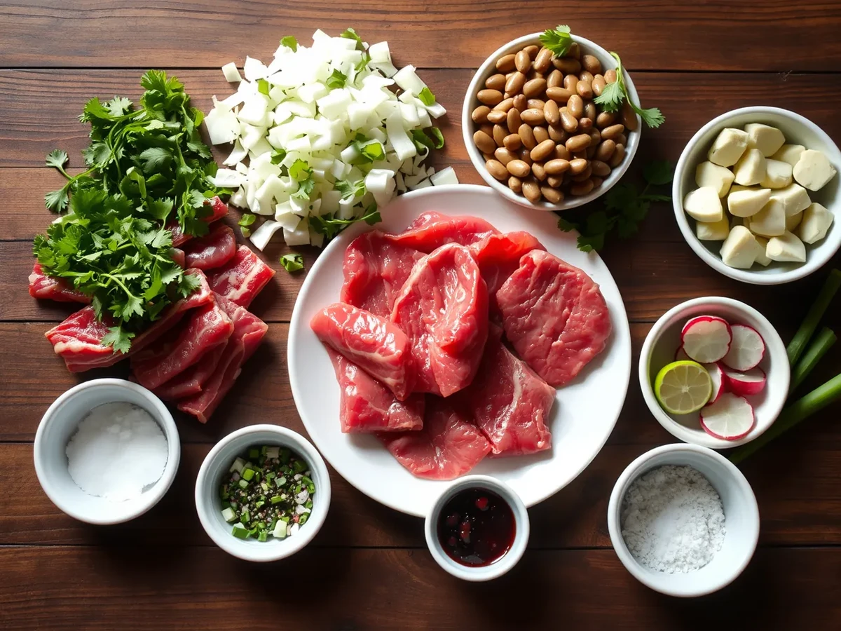 Ingredients for Carne en su Jugo including raw beef, bacon, beans, onions, garlic, cilantro, radishes, and limes on a wooden table.