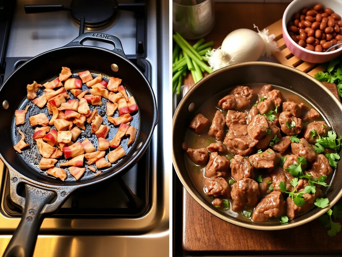 Preparing Carne en su Jugo with bacon and beef sizzling on the stovetop alongside fresh chopped onions and garlic.