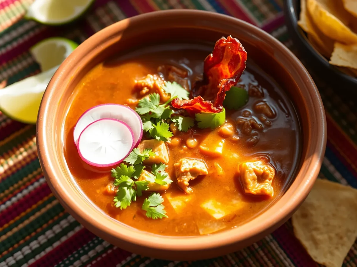 Carne en su Jugo served in a clay bowl, topped with bacon, cilantro, and radishes, with lime wedges and tortilla chips on the side.