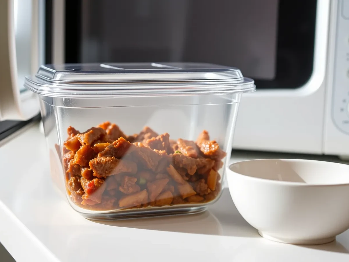 Leftover Carne en su Jugo stored in an airtight container on a kitchen counter, ready for reheating.