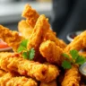 Golden, crispy chicken fries cooked in an air fryer served with dipping sauces on a plate.