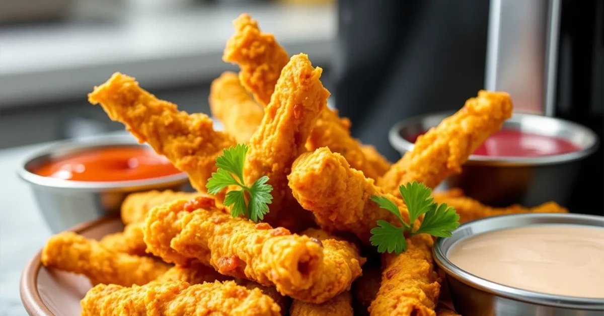 Golden, crispy chicken fries cooked in an air fryer served with dipping sauces on a plate.