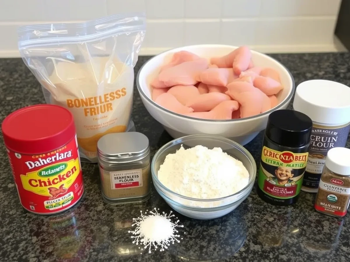 Ingredients for making Chicken Fries in Air Fryer including chicken strips, flour, breadcrumbs, and seasonings.