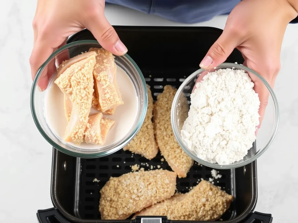 Coating chicken strips in flour and breadcrumbs to make Chicken Fries in Air Fryer.