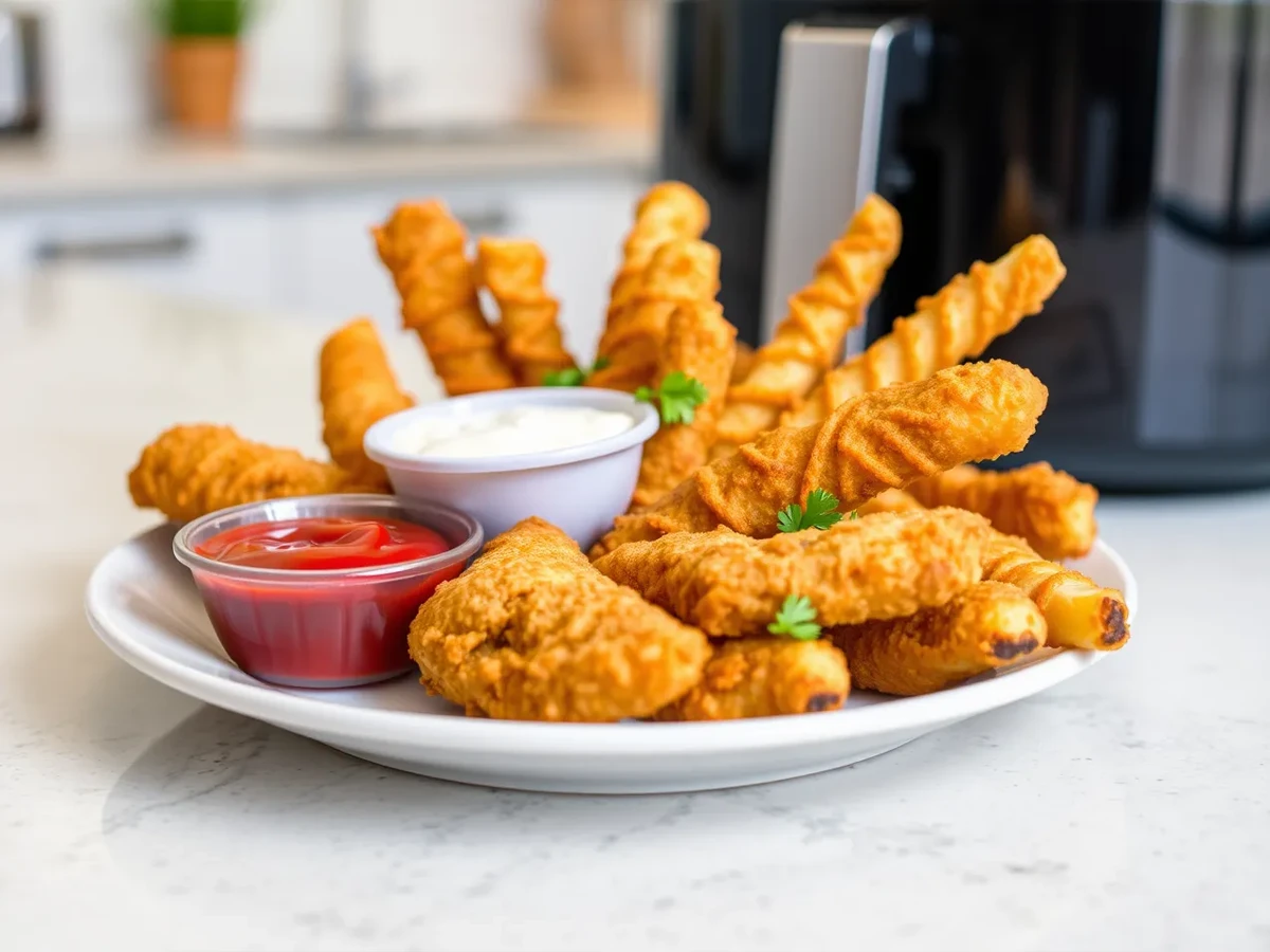 Well-presented plate of crispy Chicken Fries in Air Fryer with dipping sauces and garnishes.