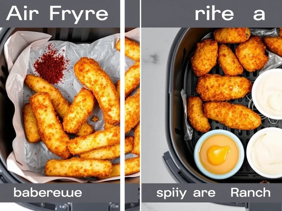 Different variations of Chicken Fries in Air Fryer with various spices and dipping sauces.