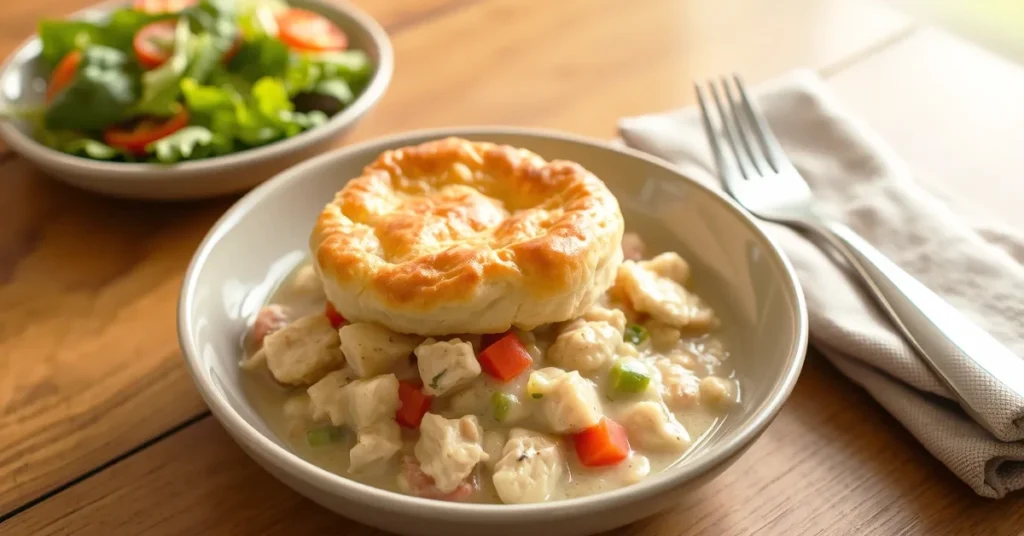 Crockpot Chicken Pot Pie with golden-brown biscuits and creamy filling served warm.