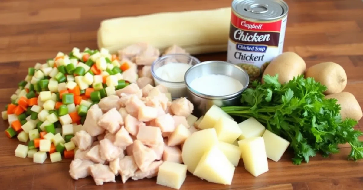 Ingredients for Crockpot Chicken Pot Pie on a wooden countertop.