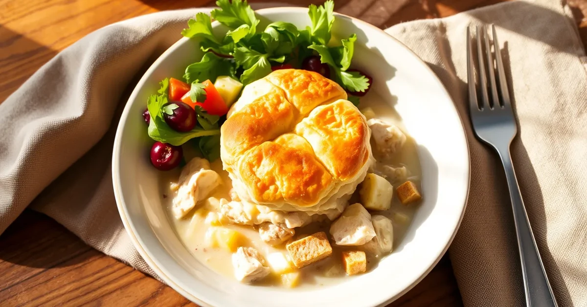 Plated Crockpot Chicken Pot Pie with golden biscuit topping served with a side salad.