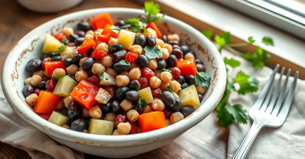 Dense Bean Salad Recipe in a rustic white ceramic bowl with kidney beans, black beans, chickpeas, and fresh vegetables, presented on a wooden table.