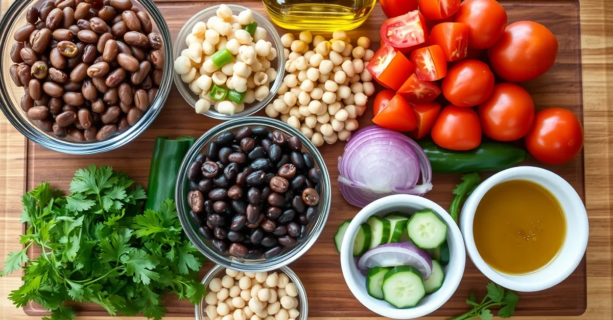 Ingredients for Dense Bean Salad Recipe on a wooden cutting board, including beans, bell peppers, cucumbers, tomatoes, and parsley.