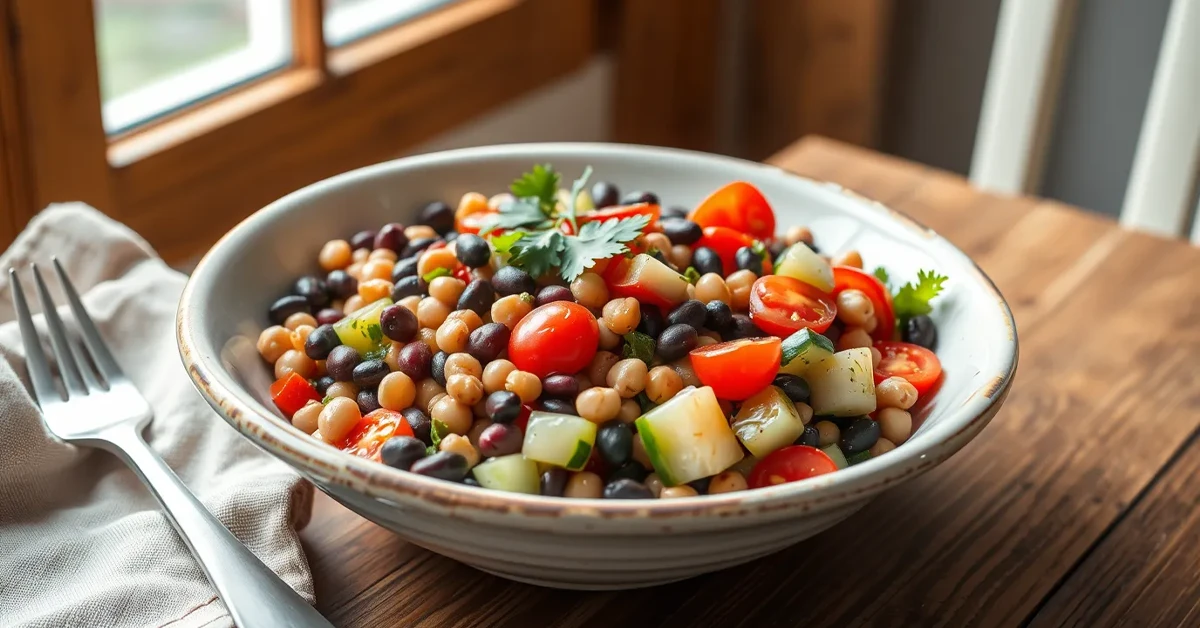 Plated Dense Bean Salad Recipe in a white dish, garnished with parsley and served with a fork on a linen napkin.