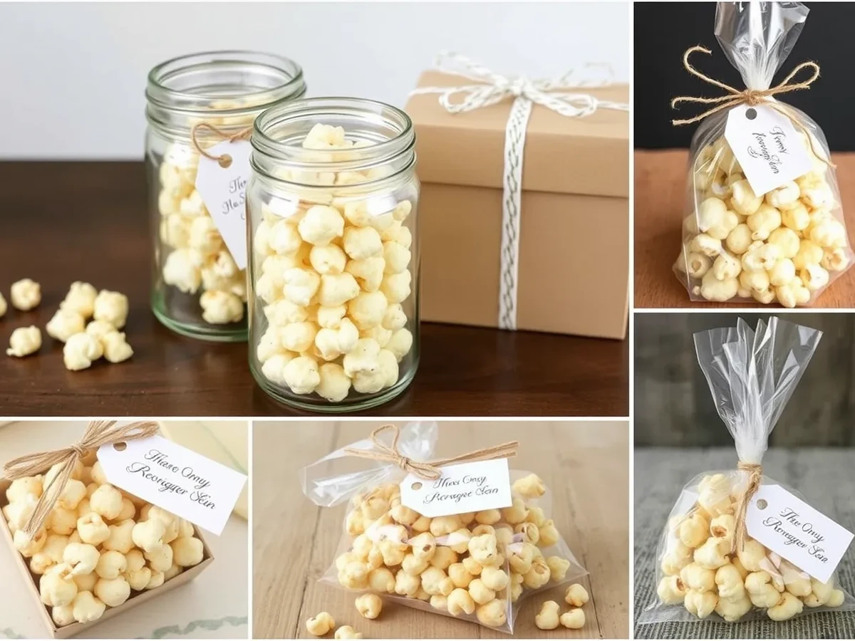 Creative packaging ideas for gifting honey popcorn, including mason jars, gift boxes, and clear bags tied with twine, styled for a rustic gift presentation.