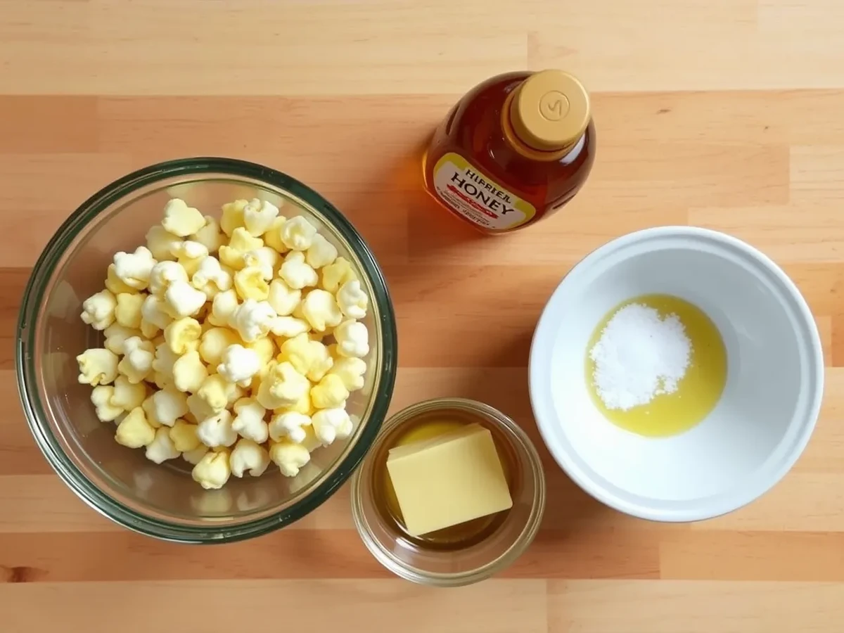 Ingredients for honey popcorn, including popcorn kernels, honey, butter, and salt, arranged on a wooden countertop.