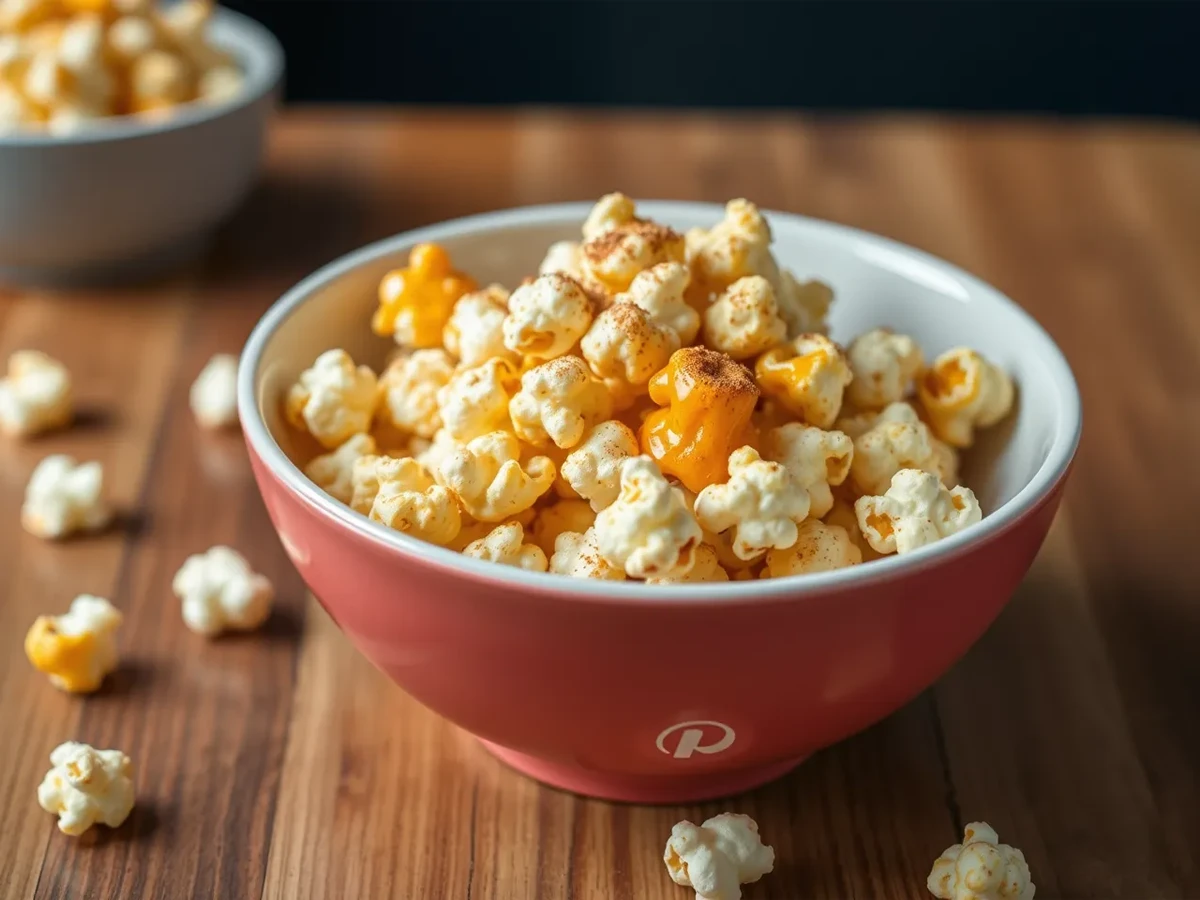 Honey popcorn presented in a bowl with a sprinkle of cinnamon, showcasing the golden color and shine of the snack.