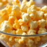 Close-up of honey popcorn in a clear bowl, showcasing the golden honey-coated popcorn kernels, taken with an iPhone.