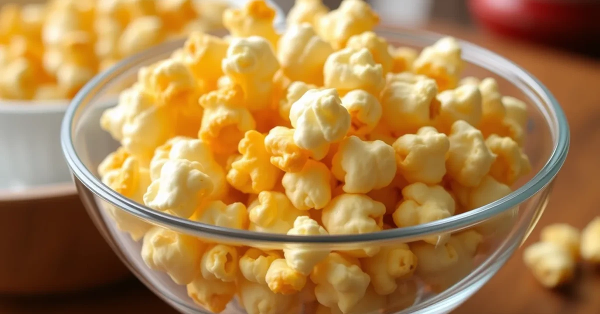 Close-up of honey popcorn in a clear bowl, showcasing the golden honey-coated popcorn kernels, taken with an iPhone.