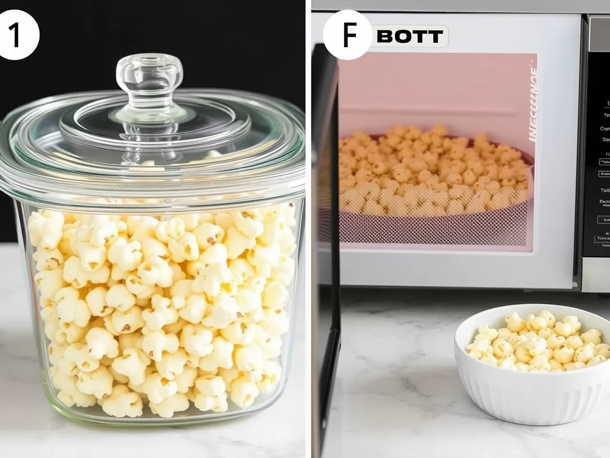 Honey popcorn stored in a glass container for later use, with instructions for reheating using a microwave.