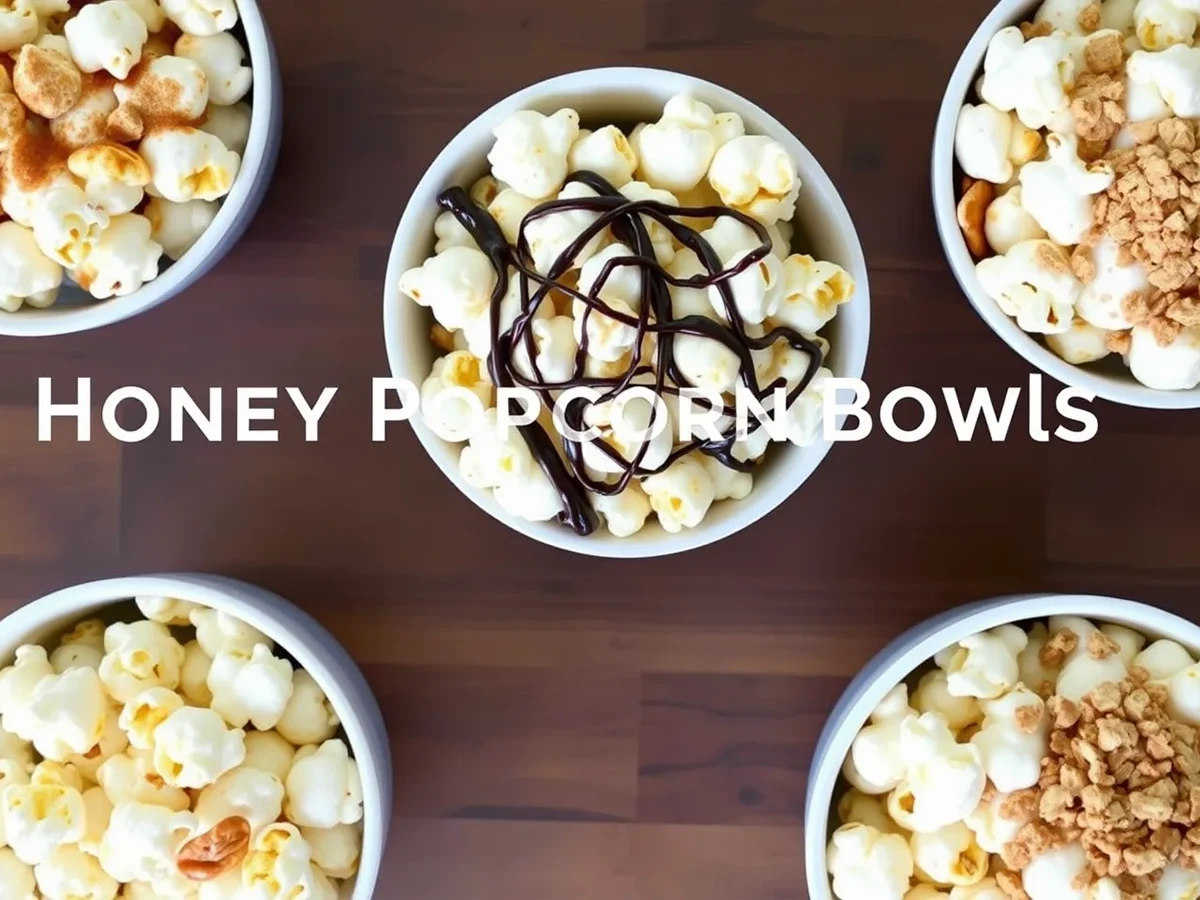 Different variations of honey popcorn with toppings like cinnamon, chocolate drizzle, and crushed nuts, styled for customization.